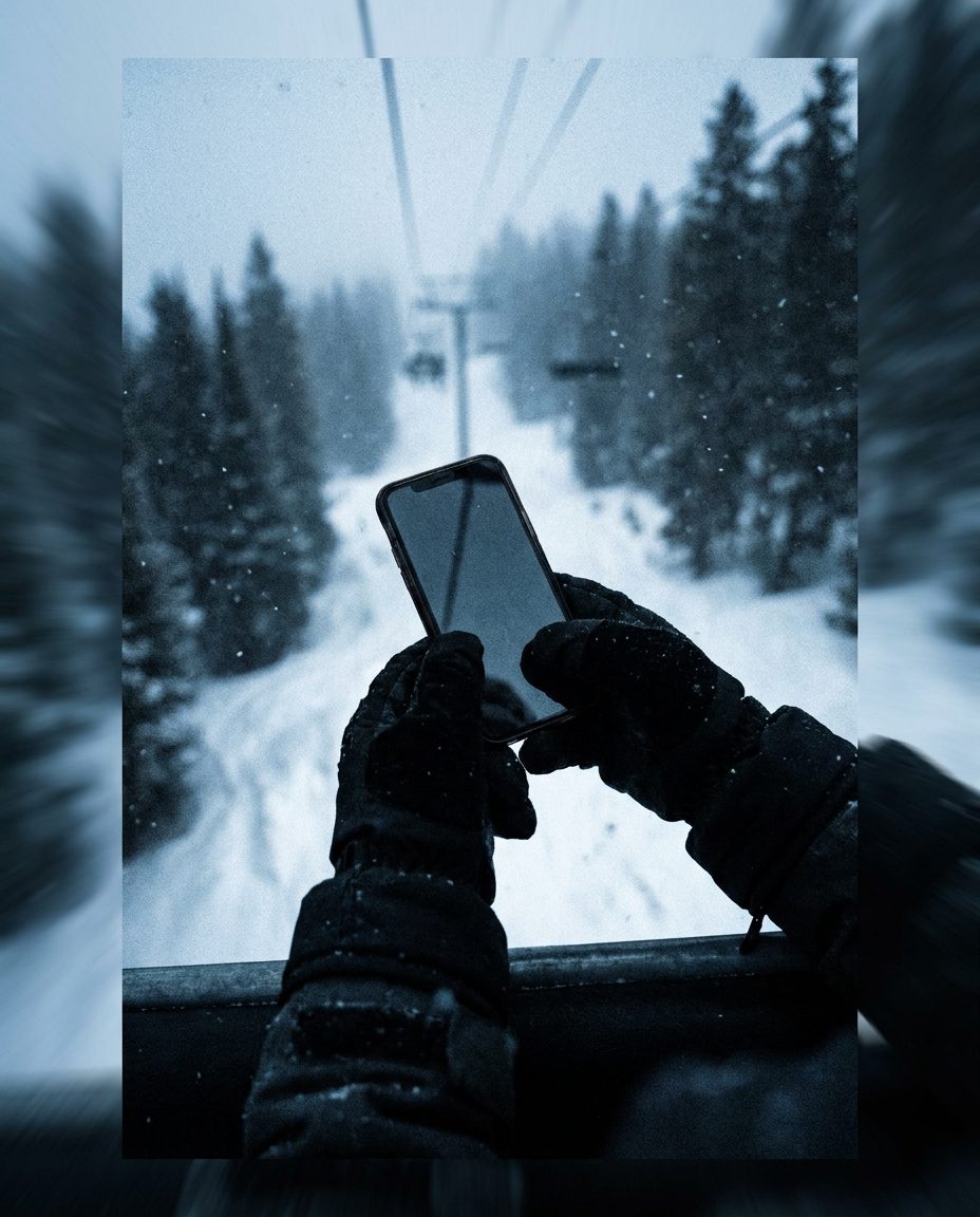 Gloved hands fumbling a phone on a chairlift