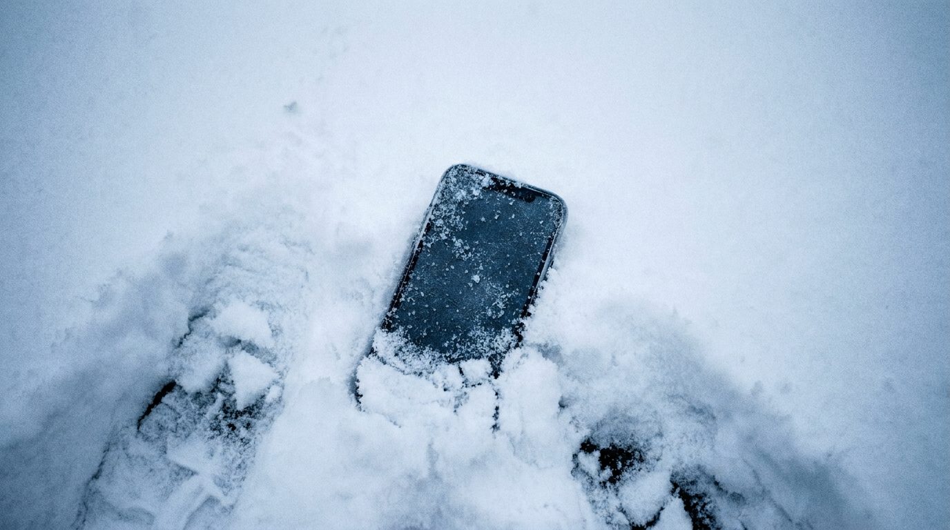 A phone half-swallowed by deep powder snow